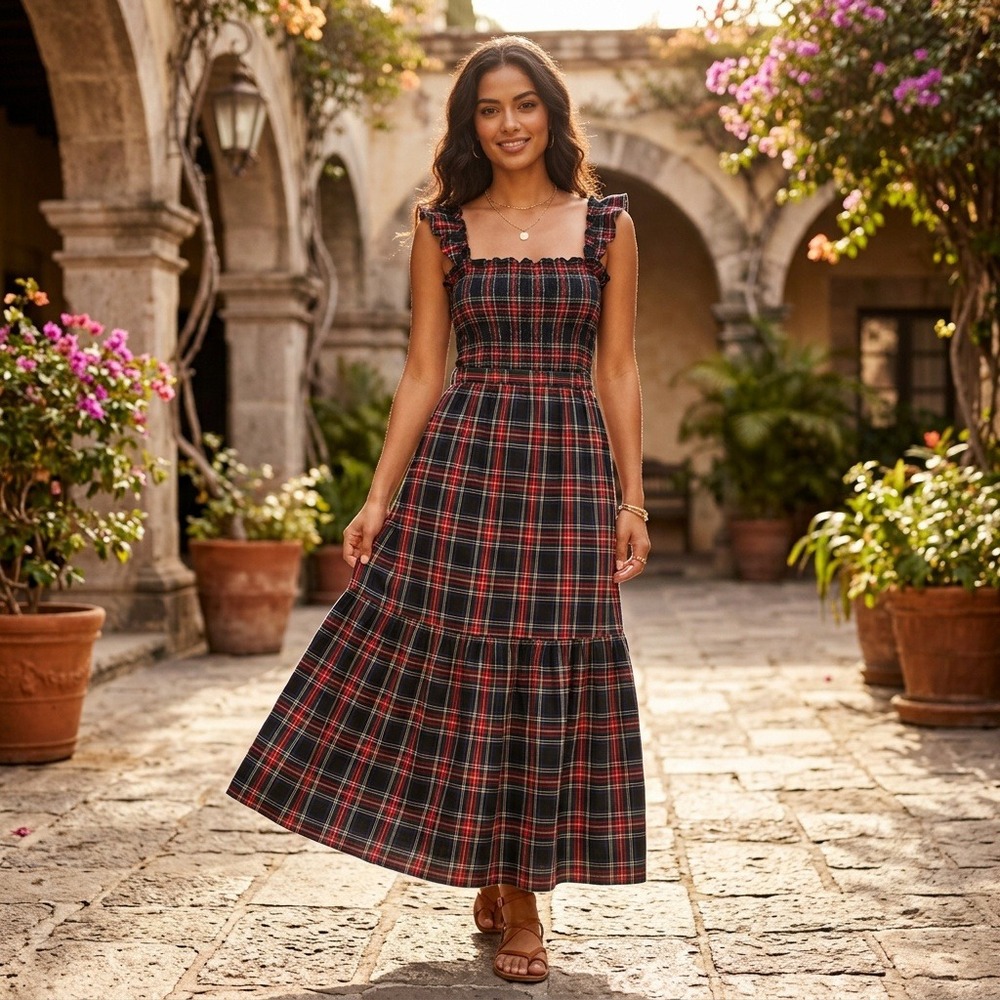 New York & Company Red Plaid Smocked Ruffle Tiered Maxi Dress Small